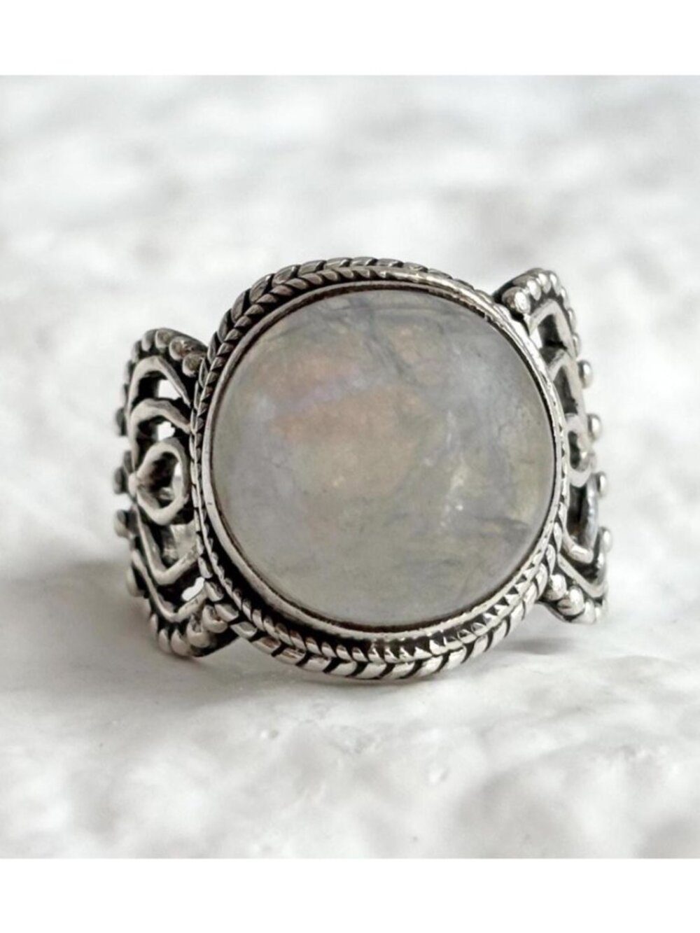 Moonstone Cabochon Beaded Textured Ornate Sterling Silver 925 Vintage Ring sz 7